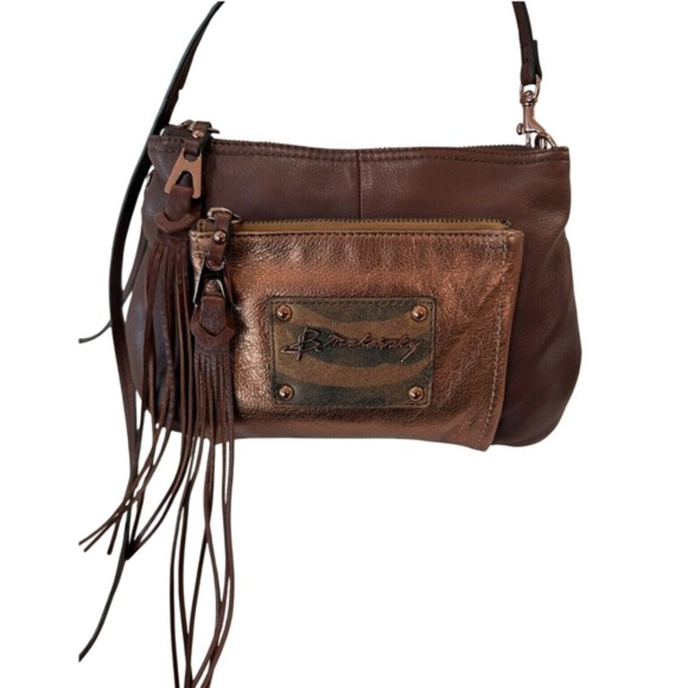 B Makowski Metallic Bronze Brown Pebbled Leather Tasselβ Crossbody Purse